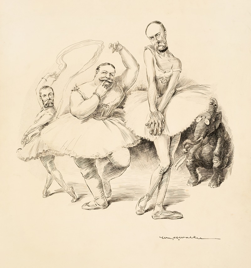 William Henry Walker - Three men in ballerina costumes, including William Howard Taft, dance for the Republican Party elephant for the presidential nomination