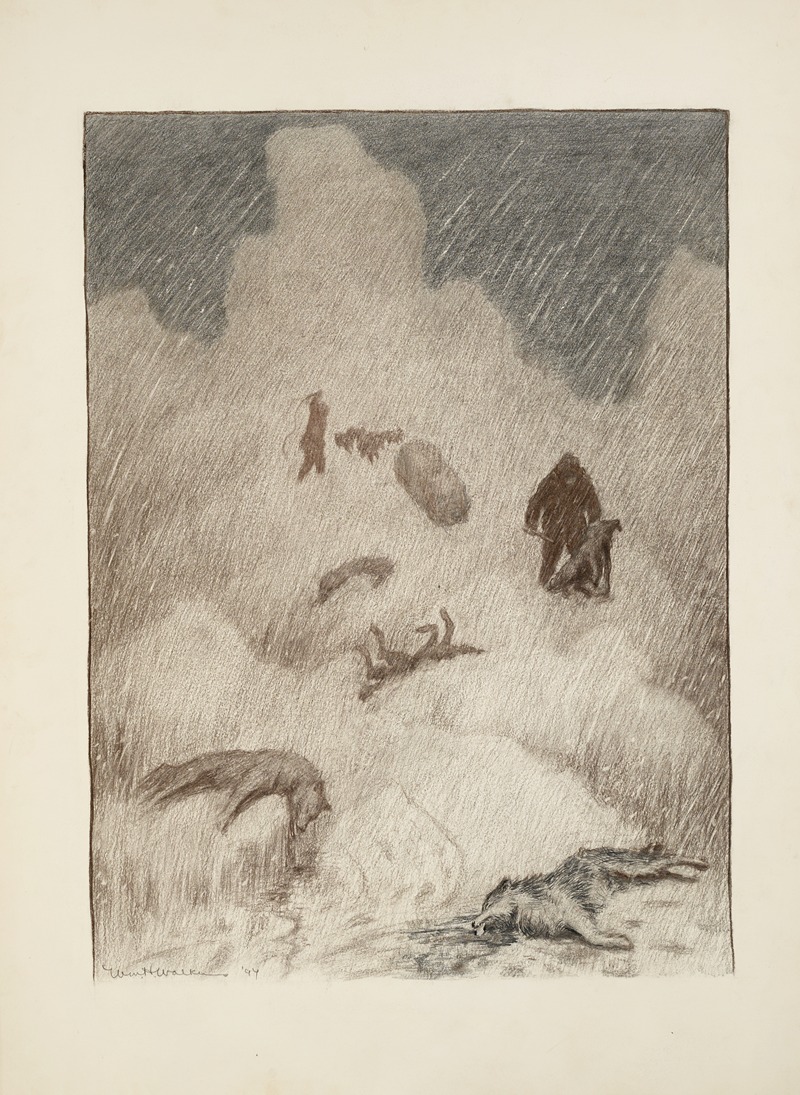 William Henry Walker - Through a storm, two figures can be seen clubbing dogs or wolves. The bodies of four others lie on the ground.