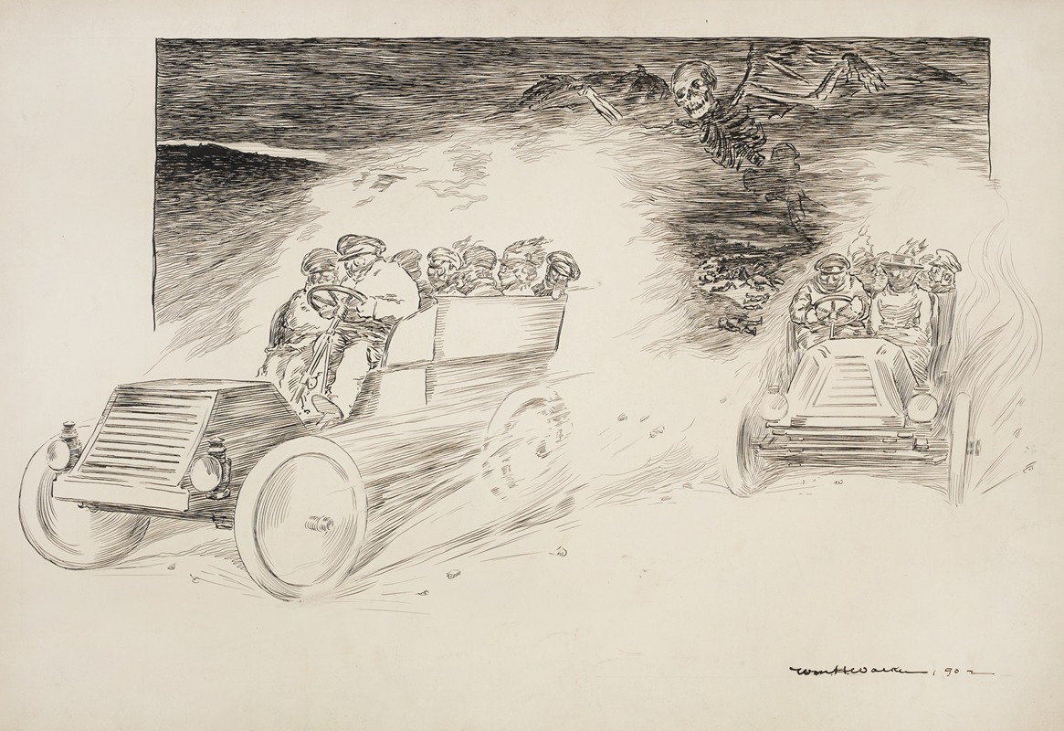 William Henry Walker - Two cars full of people drive down a road, oblivious of the dead bodies in the road behind them and the skeleton (death) floating above them