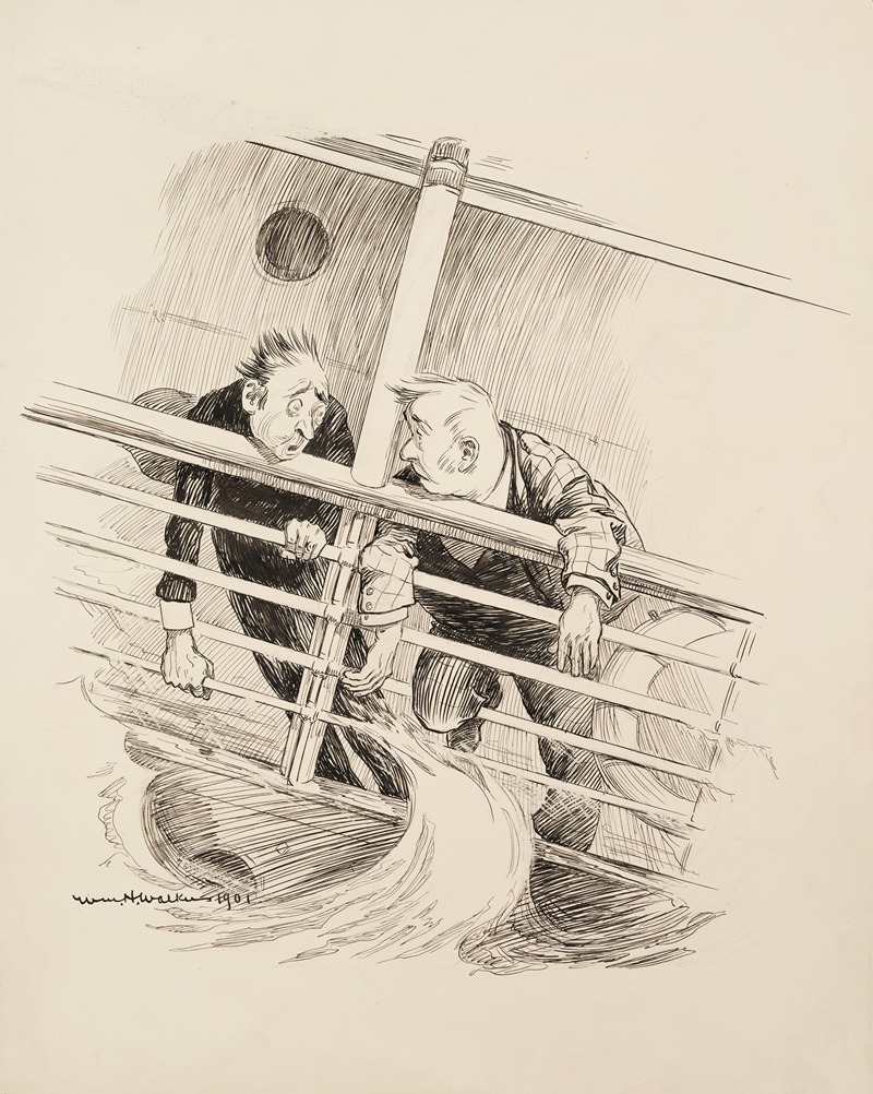 William Henry Walker - Two ill men lean on the railing of a ship.