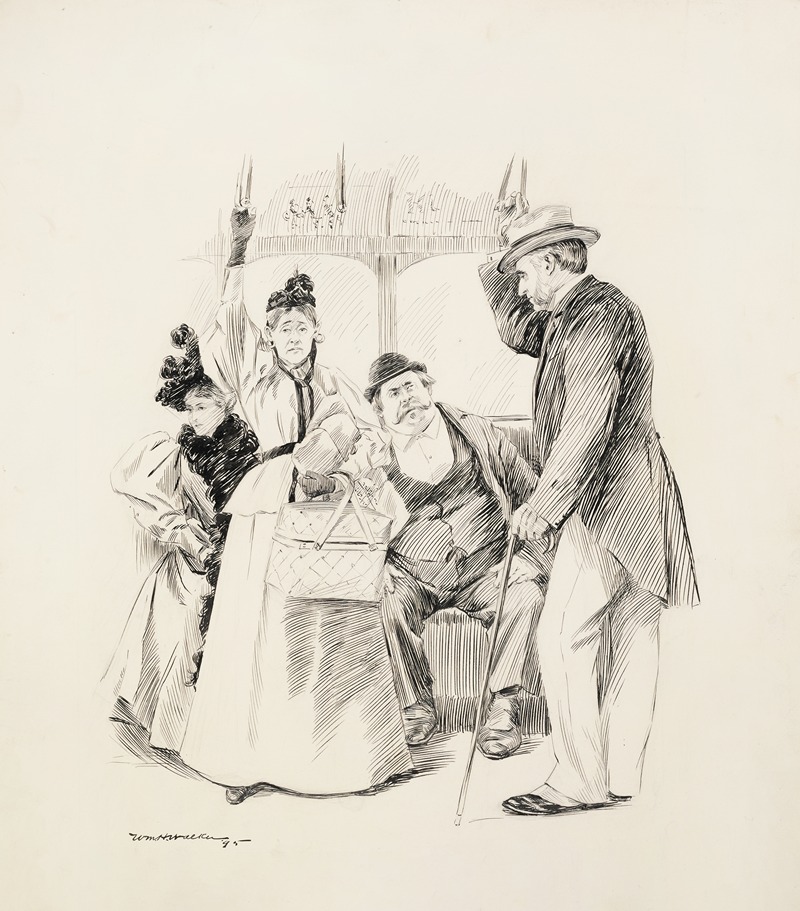 William Henry Walker - Two men and two women riding a street car. A fat man sits, forcing an older woman with a package to stand.