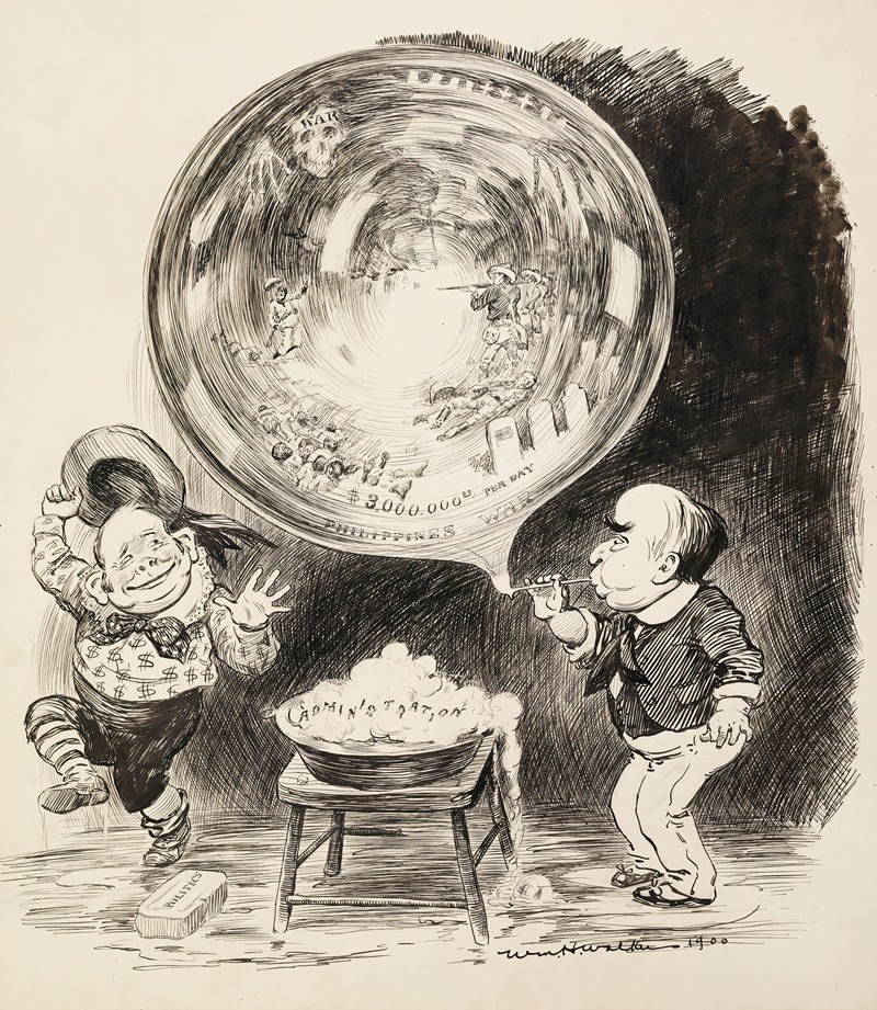 William Henry Walker - Two men, depicted as boys, use soap representing politics and the administration to blow a giant bubble representing the Philippines War