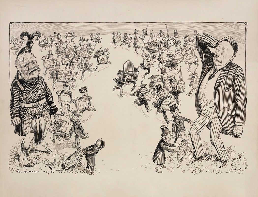 William Henry Walker - Two philanthropists, one of them Andrew Carnegie, cry as small angry people bring back their gifts and reject them