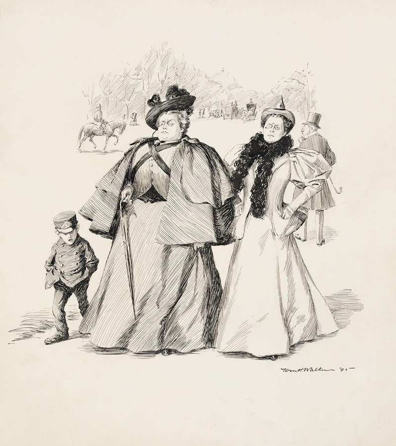 William Henry Walker - Two stern women walking in a park with a young, talkative boy.