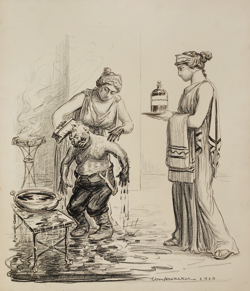 William Henry Walker - Two women, representing Civilization and Democracy, wear surgical masks and scrub down Kaiser Wilhelm II with disinfectant