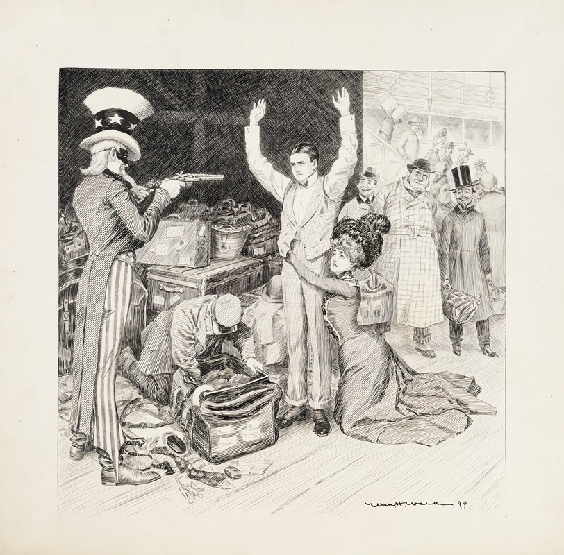 William Henry Walker - Uncle Sam as a bandit holds up a young couple at customs