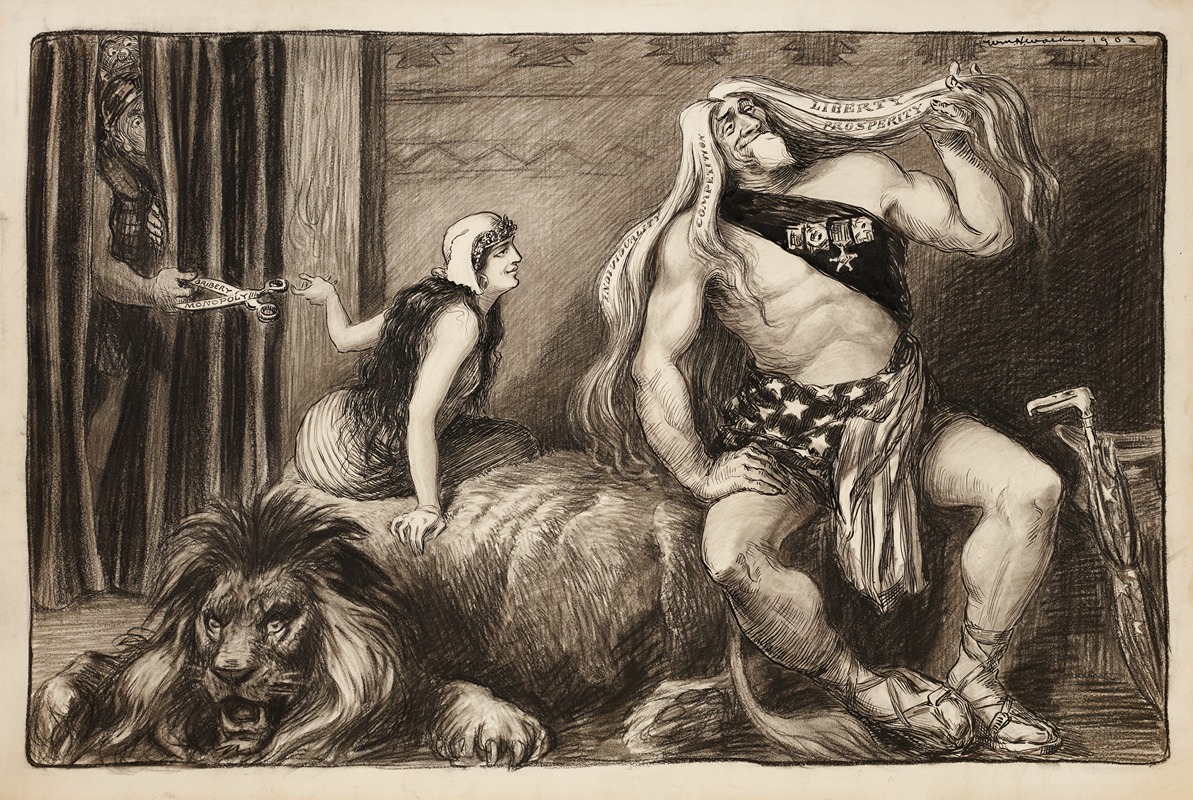 William Henry Walker - Uncle Sam as Sampson, admiring his long hair representing individuality, competition, liberty, and prosperity