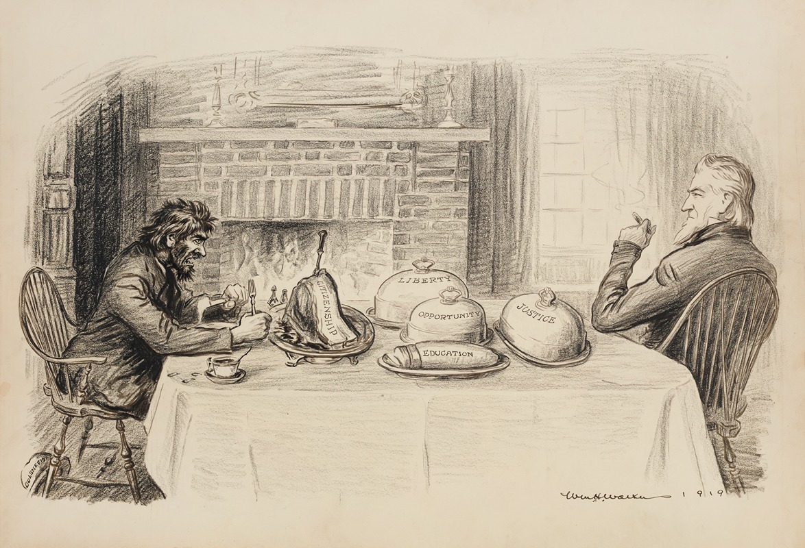 William Henry Walker - Uncle Sam at a dinner table with a man representing a Bolshevist