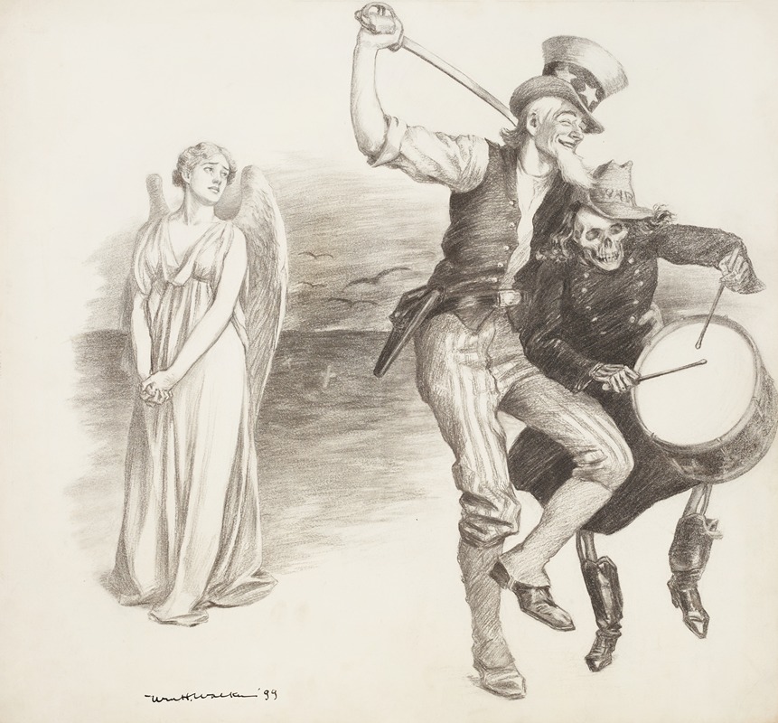 William Henry Walker - Uncle Sam dances with a skeleton in uniform, representing War, while a female angel watches them and weeps.