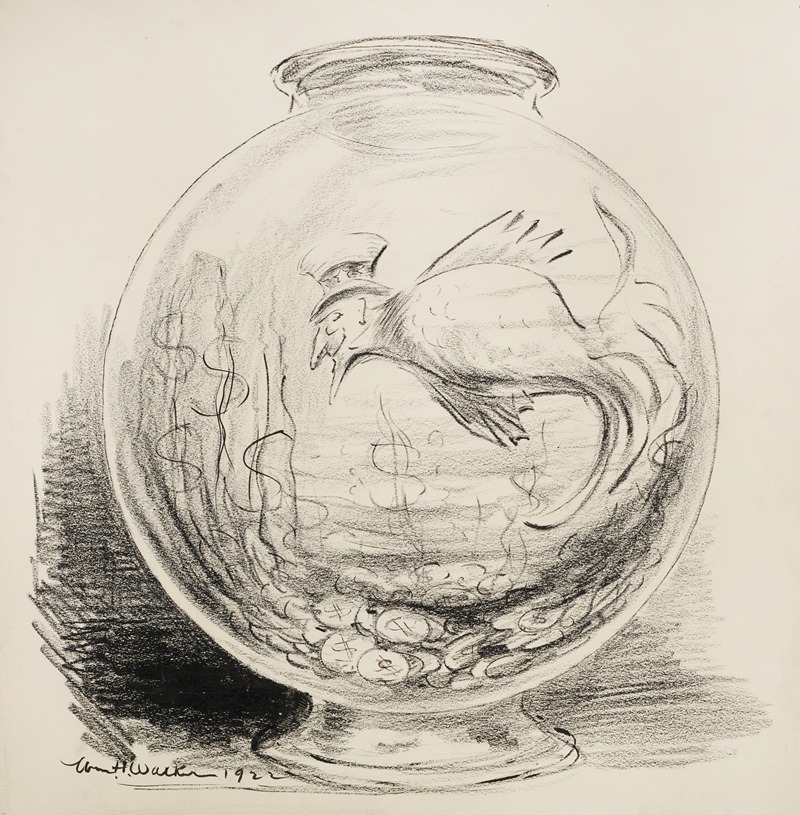 William Henry Walker - Uncle Sam depicted as a fish in a bowl, with coins at the bottom instead of gravel.