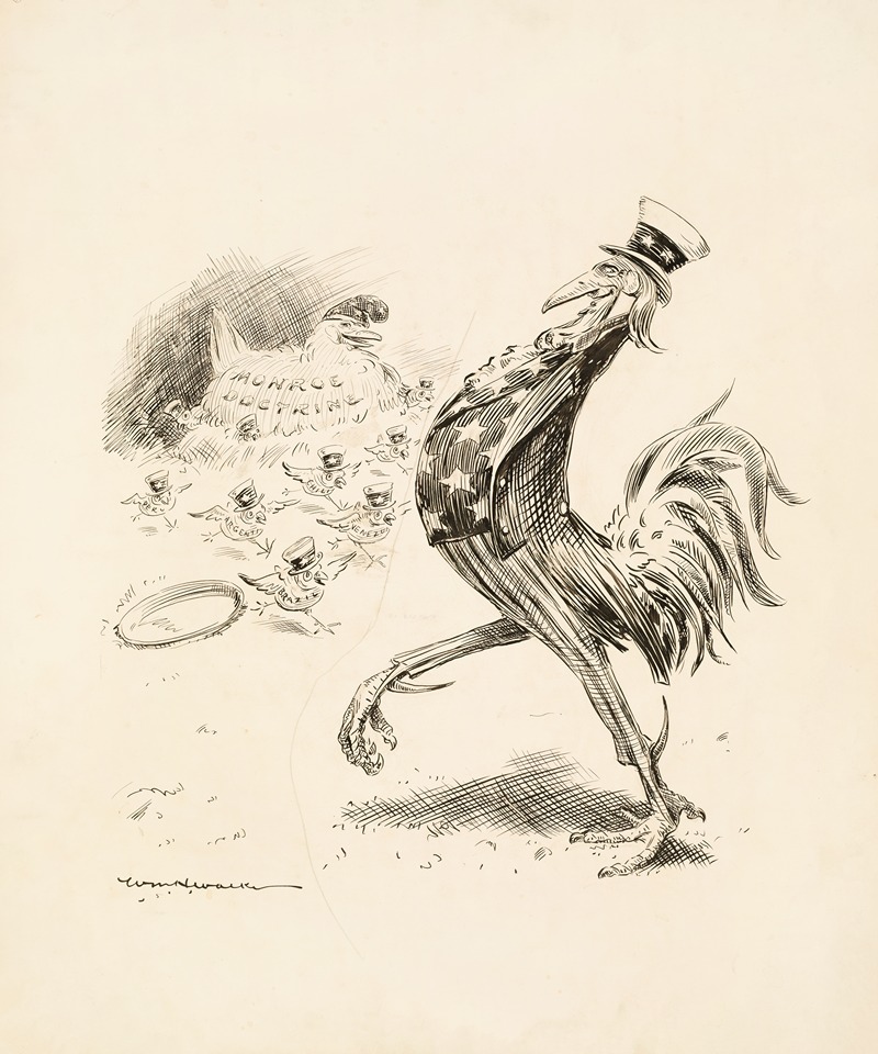 William Henry Walker - Uncle Sam depicted as a proud rooster and the Monroe Doctrine as his hen