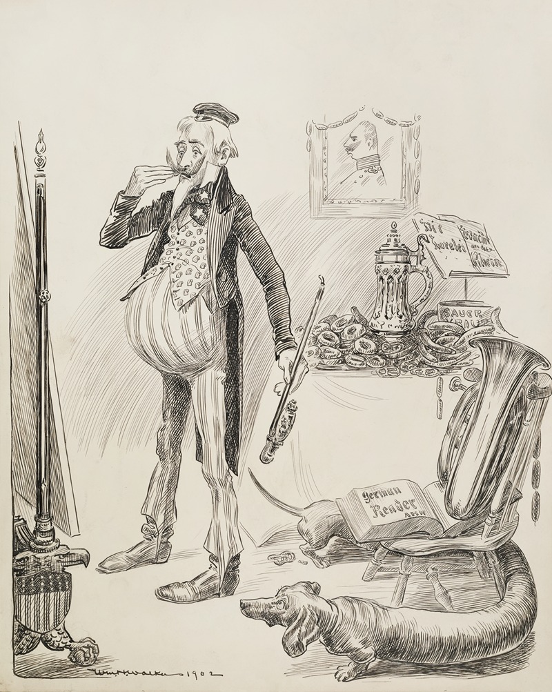 William Henry Walker - Uncle Sam depicted as the Kaiser; hat style, mustache style, and pipe, with German items around the room.