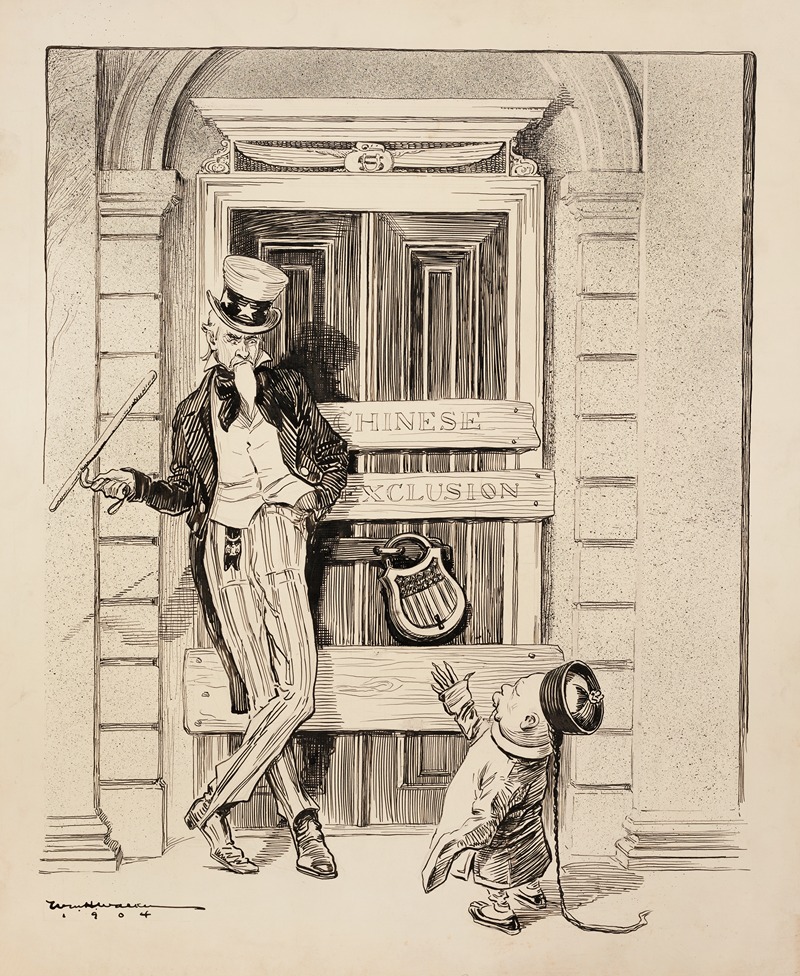 William Henry Walker - Uncle Sam has barred the door to the United States to keep out a Chinese man with boards reading ‘Chinese Exclusion’