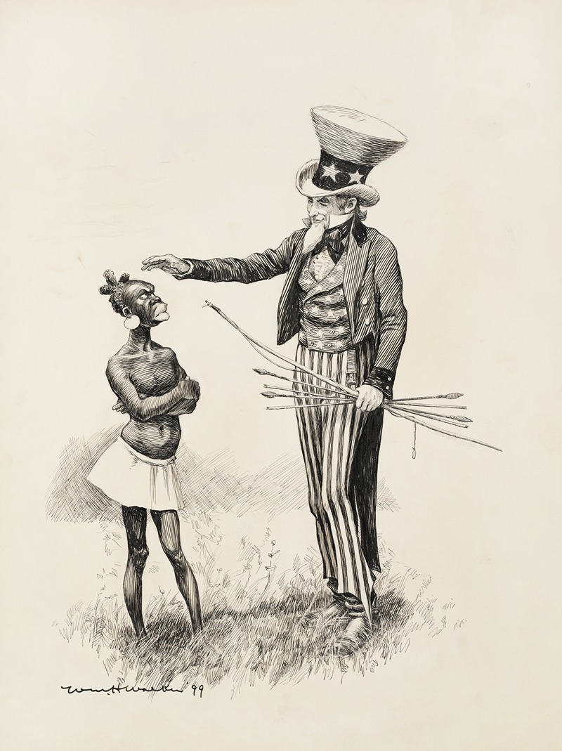 William Henry Walker - Uncle Sam holds a bow and arrows and tries to pat an angry black man in native dress on the head.