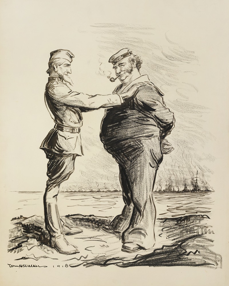 William Henry Walker - Uncle Sam in army uniform and a man representing Great Britain in a navy uniform meet as friends on a shore