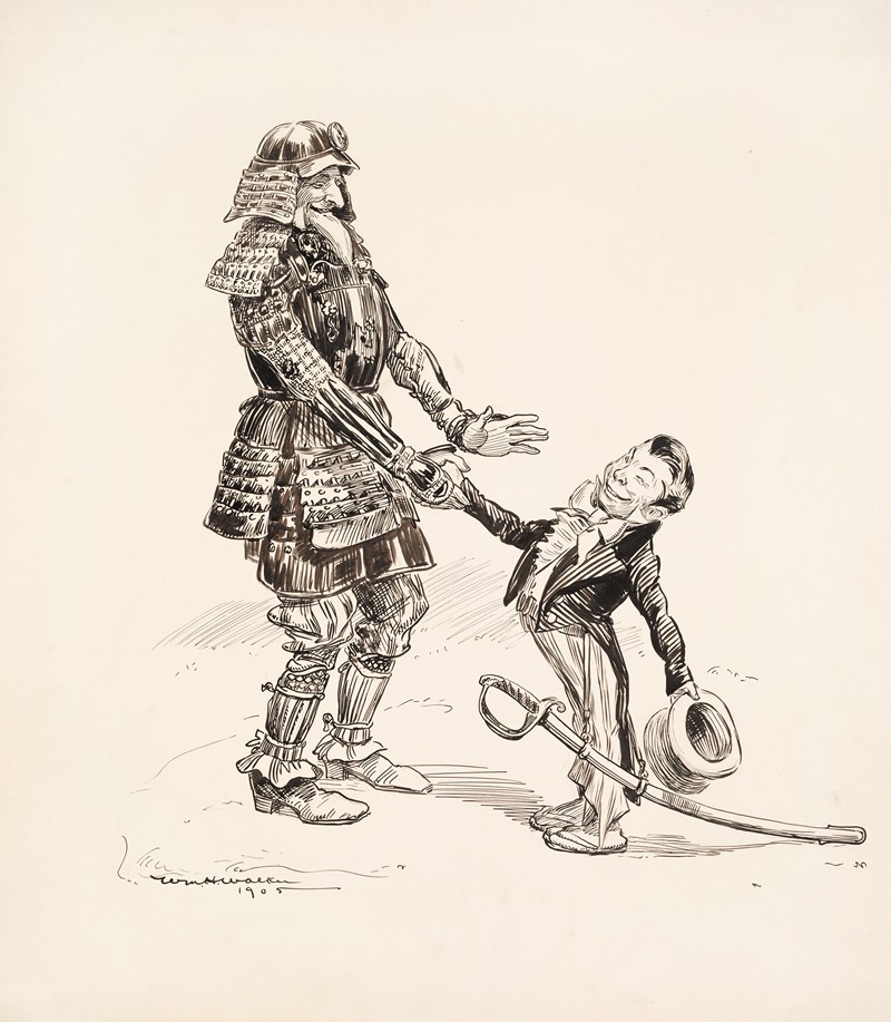 William Henry Walker - Uncle Sam in Japanese armor shakes hands with a Japanese man in a suit and carrying a large sword.