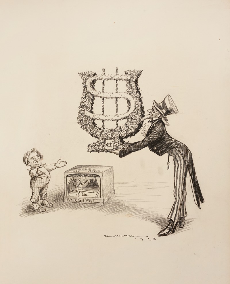 William Henry Walker - Uncle Sam offers a wreath shaped like a dollar sign to Parsifal and the Metropolitan Opera House, depicted as a boy and a puppet stage.