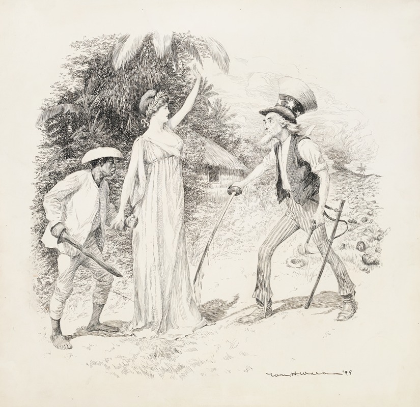 William Henry Walker - Uncle Sam prepares to fight a black man with a sword, but is stopped by a woman wearing a wreath on her head.