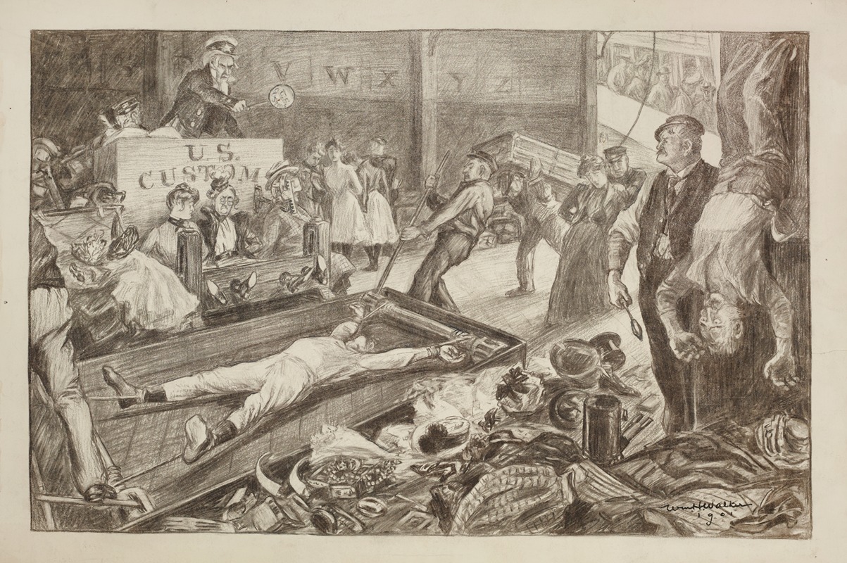 William Henry Walker - Uncle Sam presides over a court in the U.S. Customs House where women are put in stocks, men are on the rack, and their belongings seized.