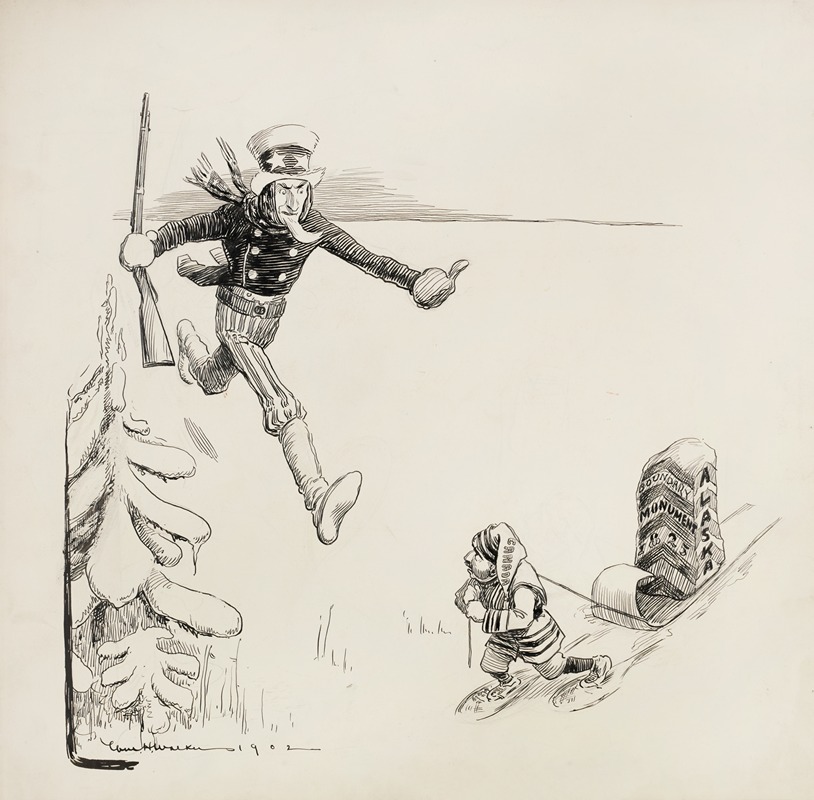 William Henry Walker - Uncle Sam runs to stop a small man, representing Canada, who is moving the 1825 Alaska Boundary Monument.