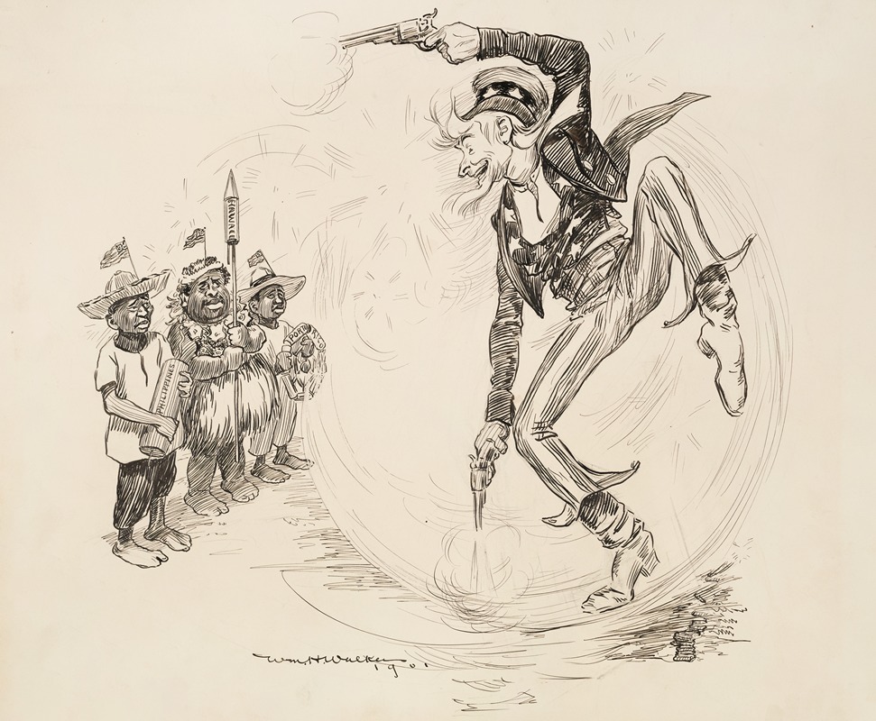 William Henry Walker - Uncle Sam smiles, jumps, and fires two guns to try to impress three men representing the Philippines, Cuba, and Porto Rico