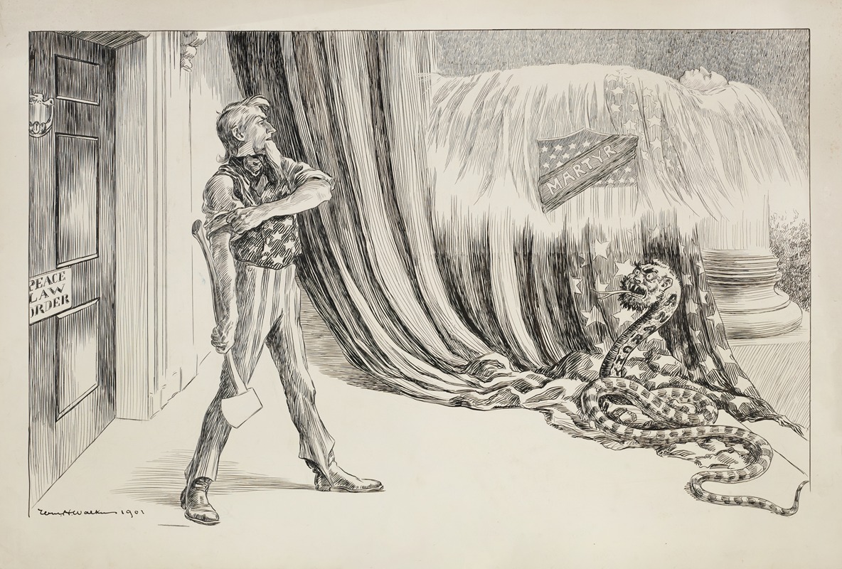 William Henry Walker - Uncle Sam stands before a door labeled ‘peace, law, order’ and prepares to strike a snake representing anarchy