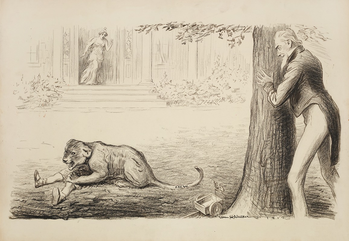 William Henry Walker - Uncle Sam watches from a behind a tree as a lion cub (representing the I.W.W., Industrial Workers of the World) mauls a young boy