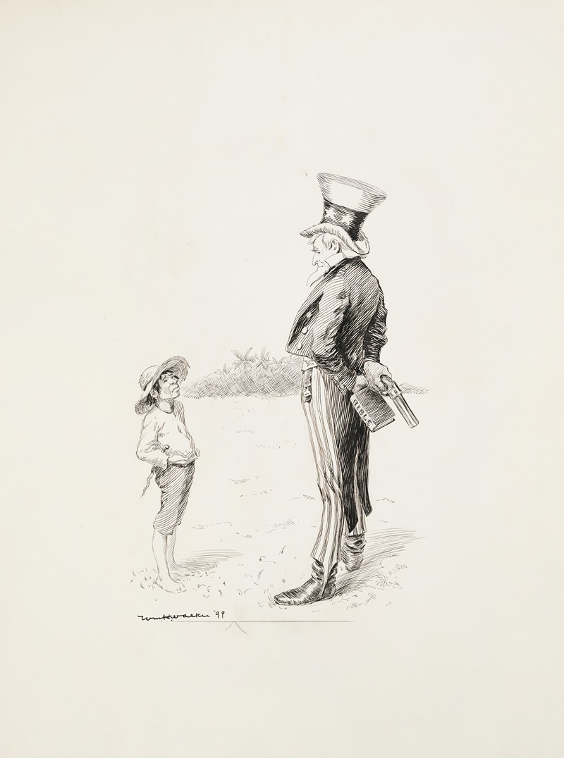 William Henry Walker - Uncle Sam, holding a gun and a Bible behind his back, talks to a man from a tropical country.