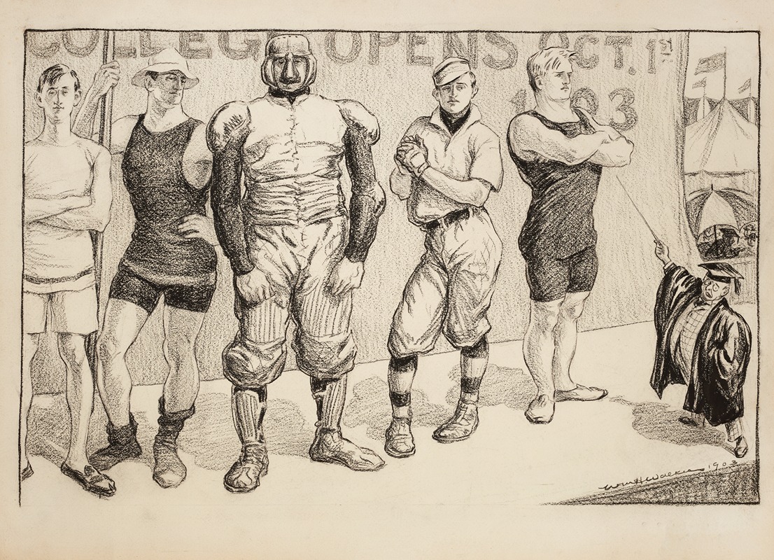 William Henry Walker - Young men in athletic uniforms of various sports under a sign reading ‘college opens Oct. 1st.’