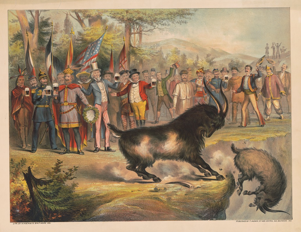 A. Hoen & Co. - Group of men representing different countries of the world, dressed in costumes, stand watching bock goat butt his opponent