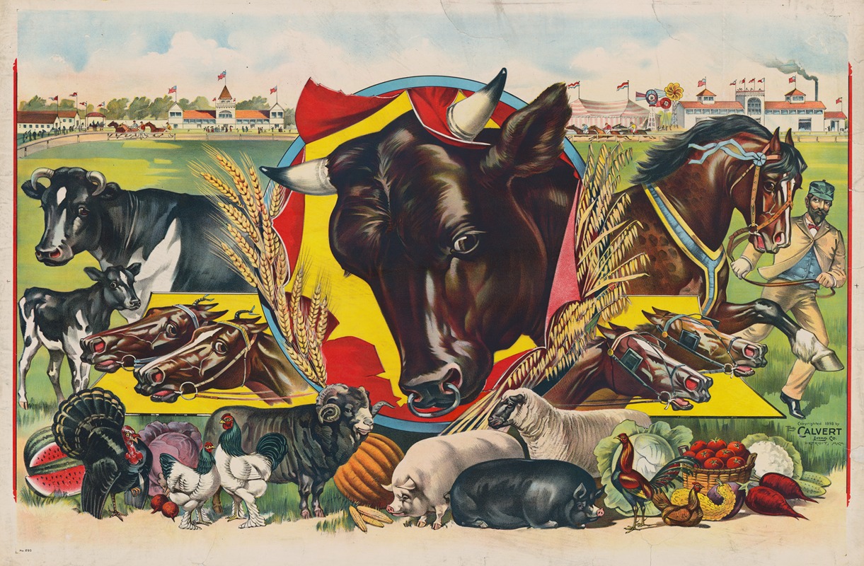 Calvert Litho. Co - Bull head in the center surrounded by fair buildings, horsetrack, farm animals and produce