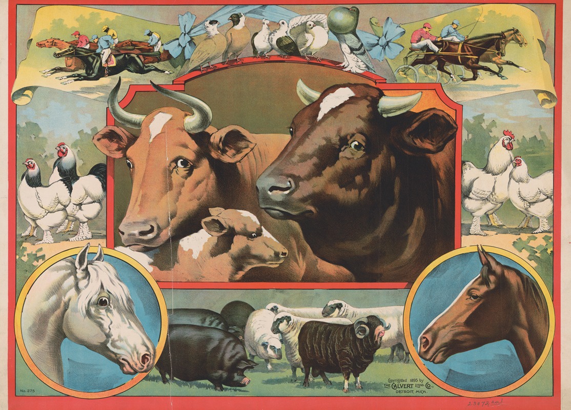 Calvert Litho. Co - Cattle surrounded by farm animals and horse racing