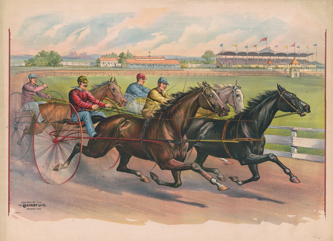 Calvert Litho. Co - Harness race between four horses and riders