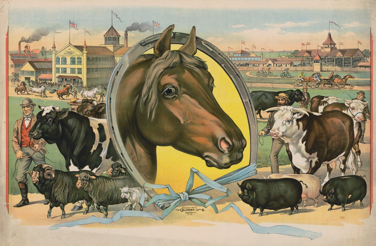 Calvert Litho. Co - Horse framed by a horseshoe with fair buildings and a racetrack in the background