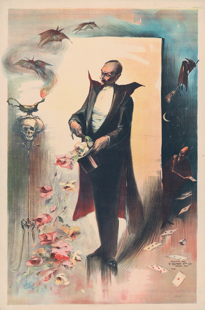 Calvert Litho. Co - Magician pulling roses out of top hat surrounded by supernatural being