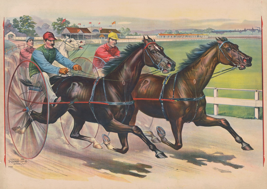 Calvert Litho. Co - Three horses with jockeys running a harness race