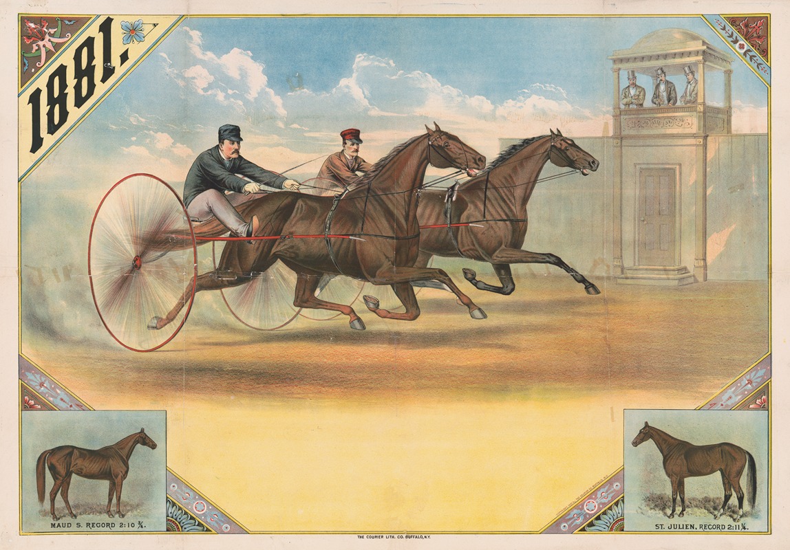 Courier Litho. Co. - arness race between two riders with portraits of the two horses Maud S. and St. Julien at lower right and left corners