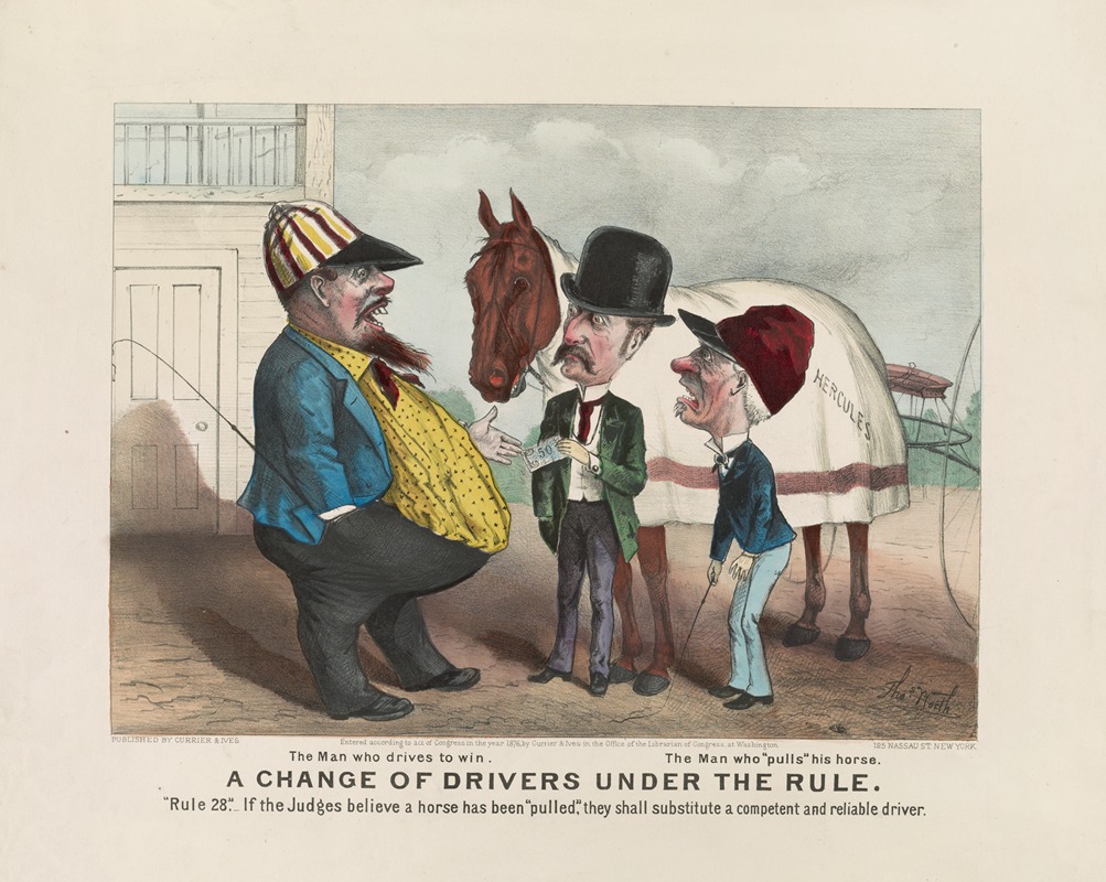 Currier & Ives. - A change of drivers under the rule; The man who drives to win. The man who ‘Pulls’ his horse