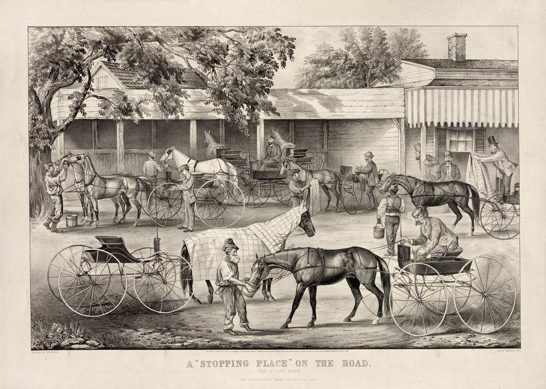 Currier & Ives. - A ‘stopping place’ on the road; the horse shed