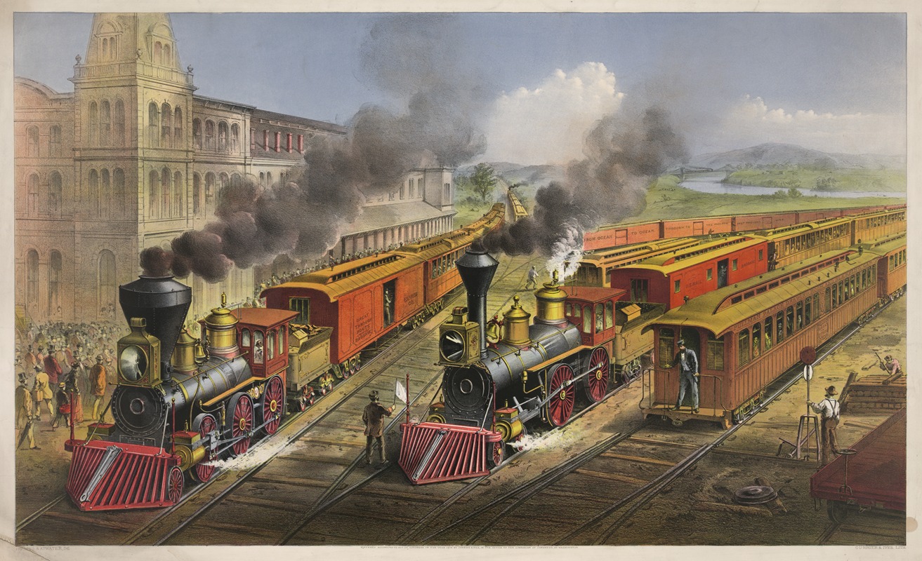 Currier & Ives. - American railroad scene; lightning express trains leaving the junction