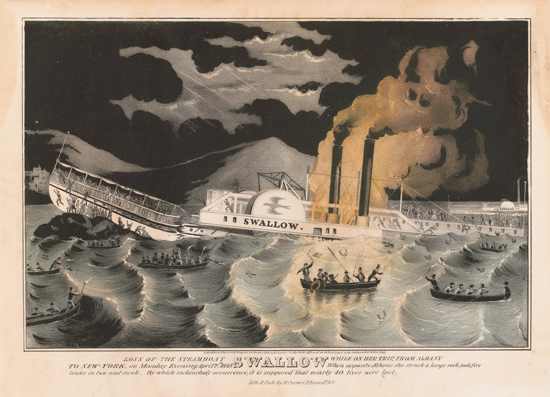 Currier & Ives. - Loss of the steamboat Swallow; while on her trip, from Albany to New-York, on Monday evening April 7th 1845