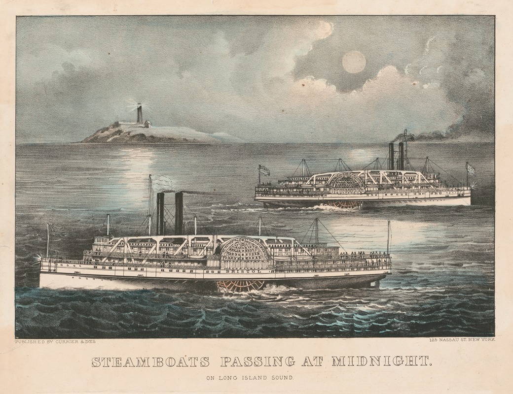 Currier & Ives. - Steamboats passing at midnight; on Long Island