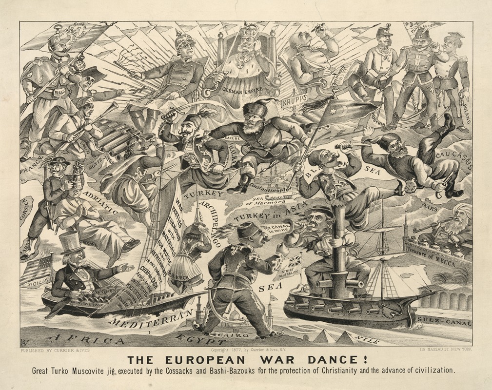 Currier & Ives. - The European War Dance! Great Turko Muscovite Jig, executed by the Cossacks and Bashi-Bazouks for the protection of christianity and the advance of civilization