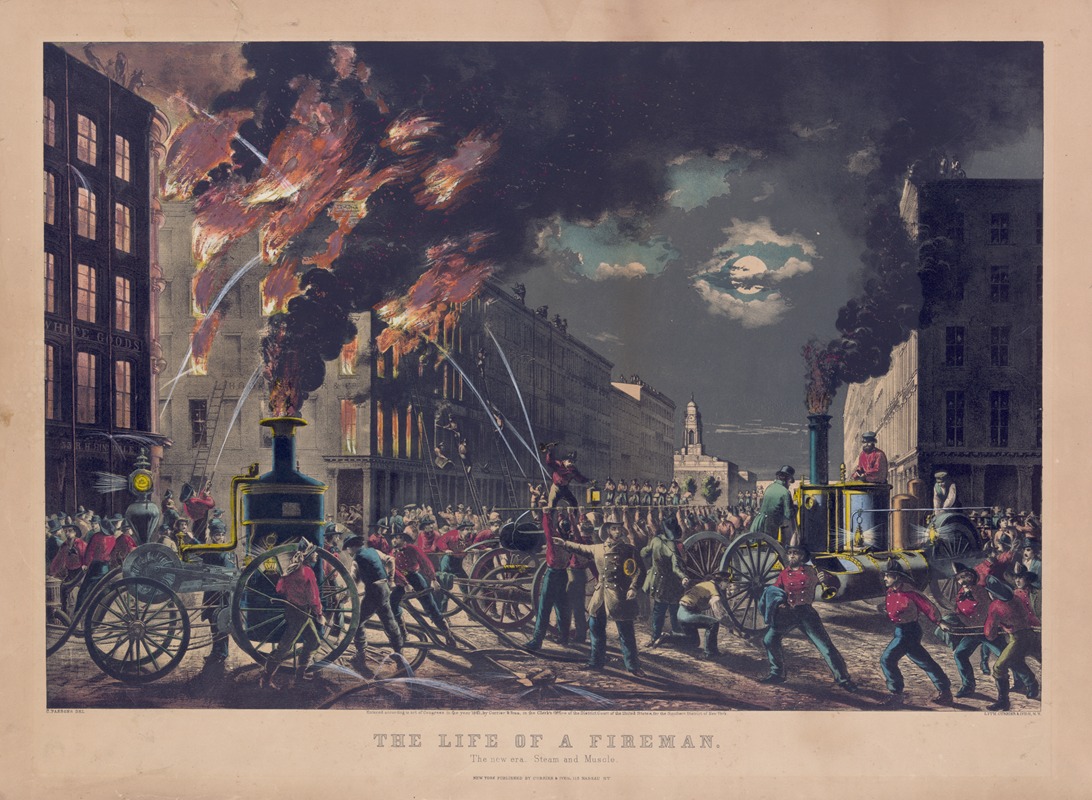 Currier & Ives. - The life of a fireman; the new era, steam and muscle