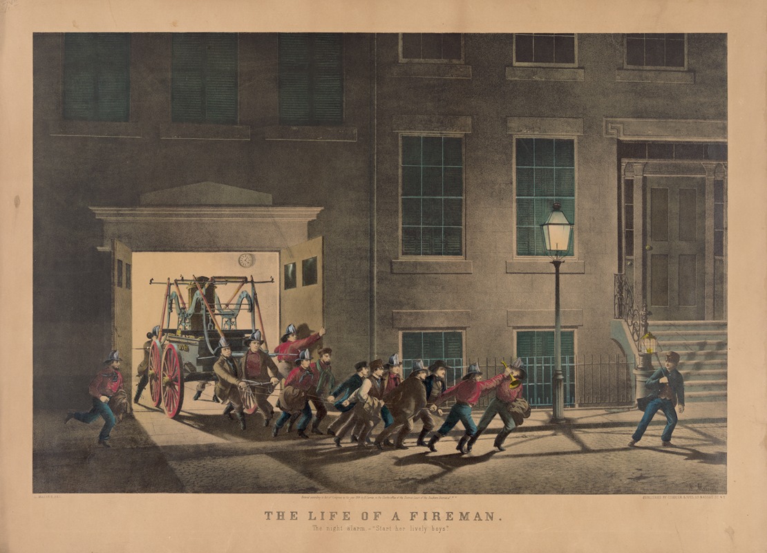 Currier & Ives. - The life of a fireman; the night alarm–‘start her lively boys.’