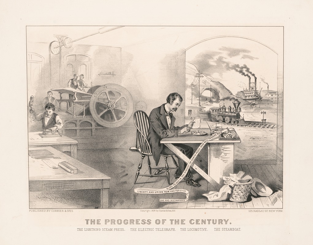 Currier & Ives. - The progress of the century – the lightning steam press, the electric telegraph, the locomotive, [and] the steamboat