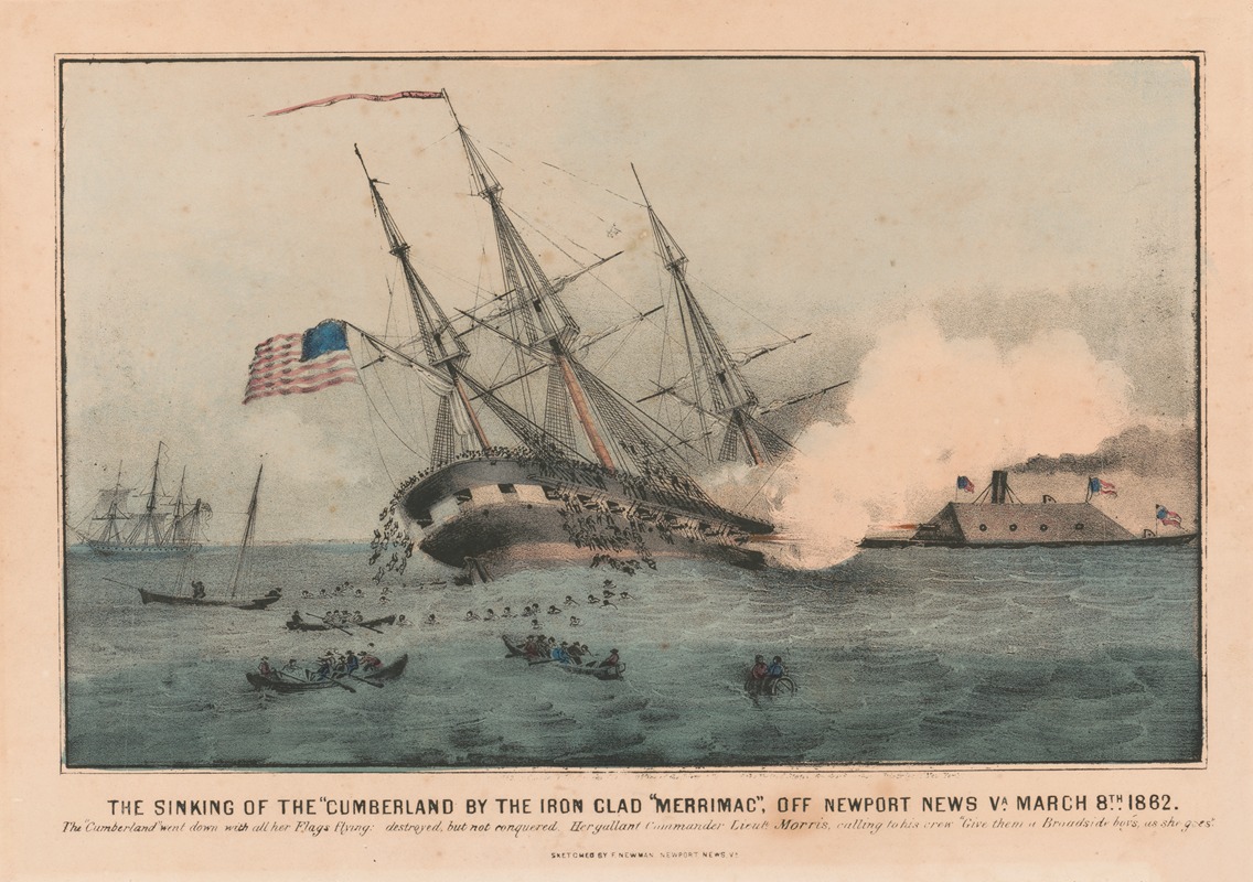 Currier & Ives. - The sinking of the ‘Cumberland’ by the iron clad ‘Merrimac’, off Newport News Va. March 8th 1862