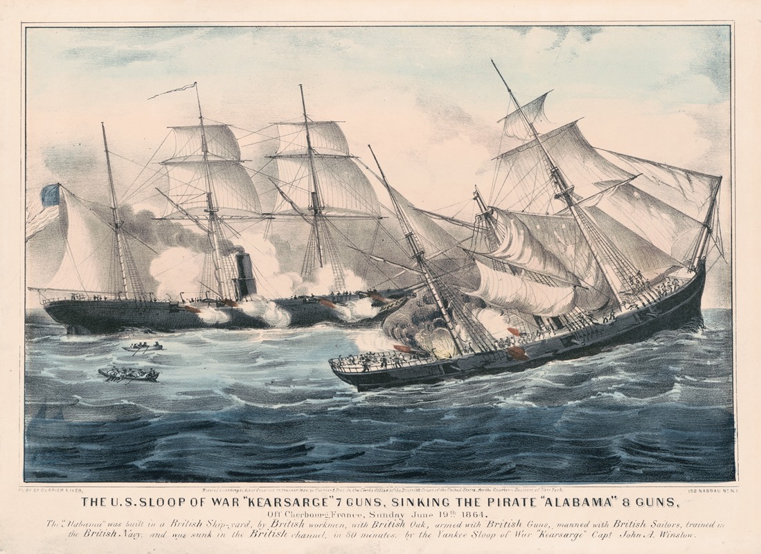 Currier & Ives. - The U.S. sloop of war ‘Kearsarge’ 7 guns, sinking the pirate ‘Alabama’ 8 guns; off Cherbourg, France, Sunday June 19th. 1864