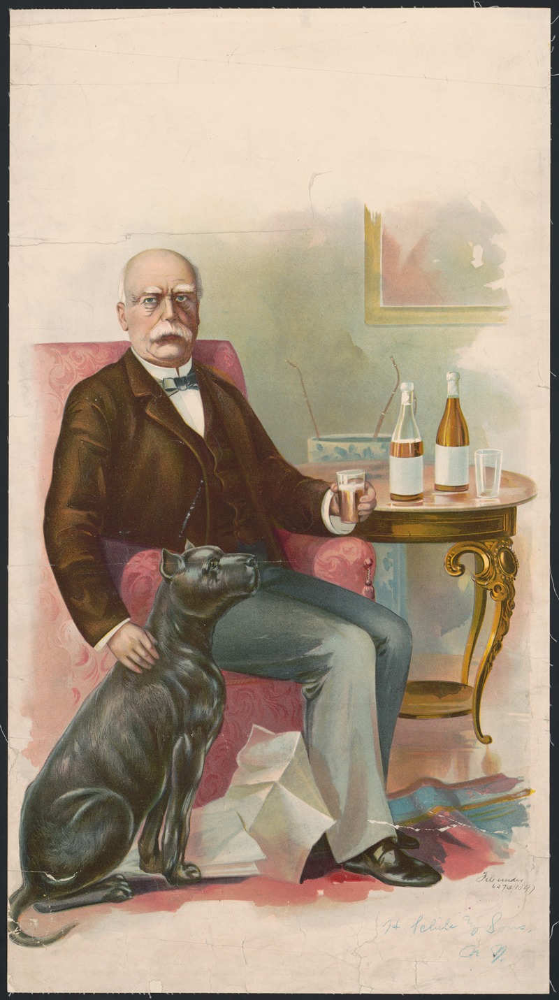 Henry Jerome Schile - Older gentleman sitting in a chair, holding a glass of beverage, with a black dog sitting next to him