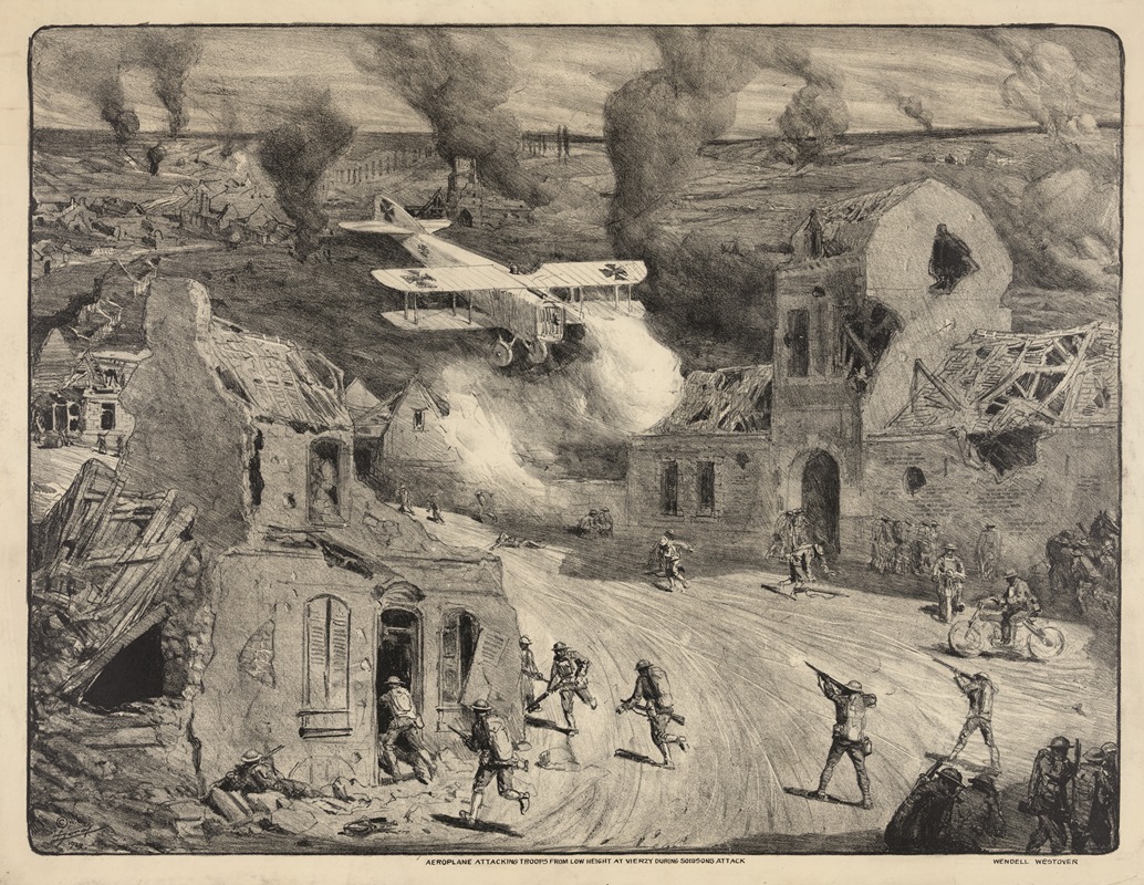 Lucien Jonas - Aeroplane attacking troops from low height at Vierzy during Soissons attack